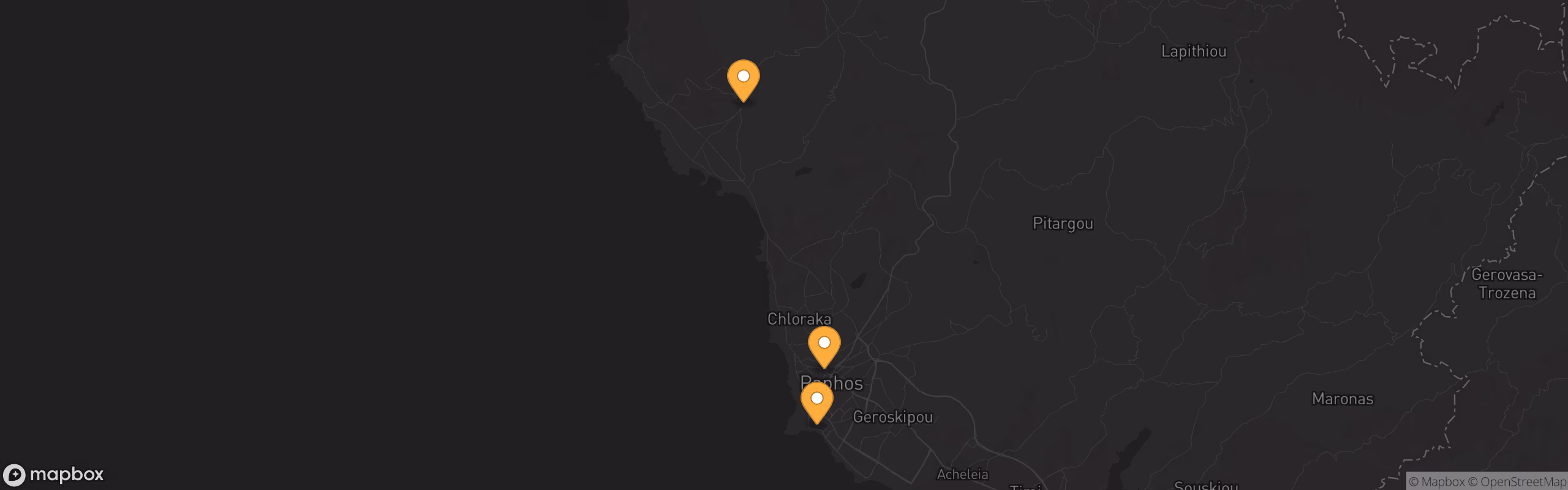 Map of the Paphos coast with the Mavris Leather shops marked.